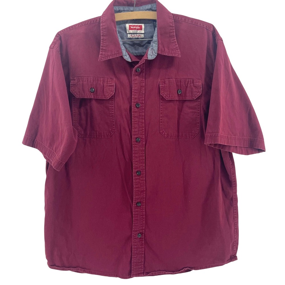 Wrangler Button Shirt Mens L Burgundy Short Sleeve Workwear Cotton